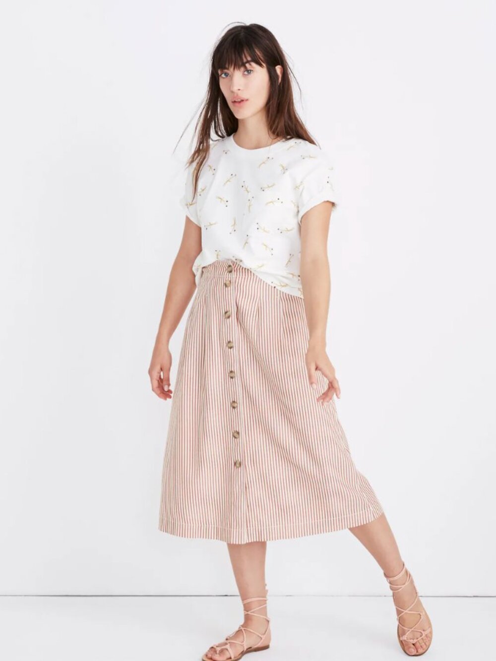 Madewell Striped Button-Front Midi Skirt in Burgundy and White with pockets! - Picture 3 of 3